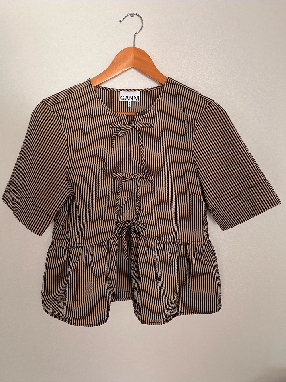 Ganni Black & Cream Striped Tie-Front Peplum Blouse